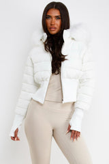 womens white faux fur hood padded puffer jacket styledup uk