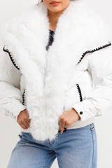 faux fur puffer coat with stitching embroidery detail