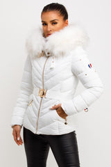 womens puffer coat with fur hood and belt sale uk
