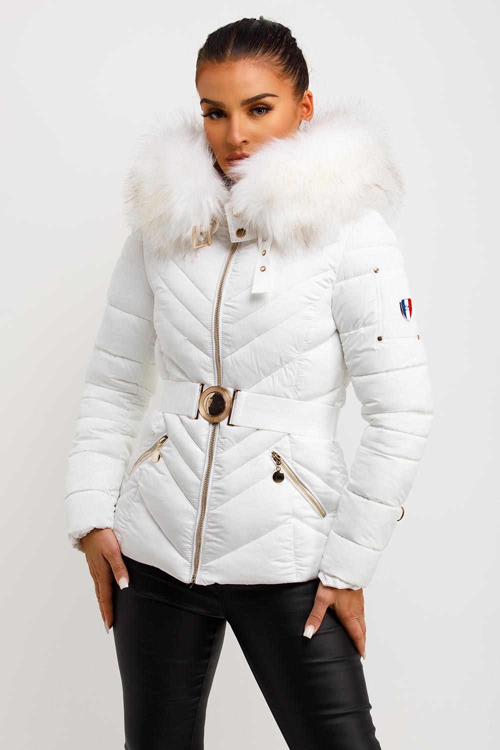 womens puffer jacket with fur hood white outerwear