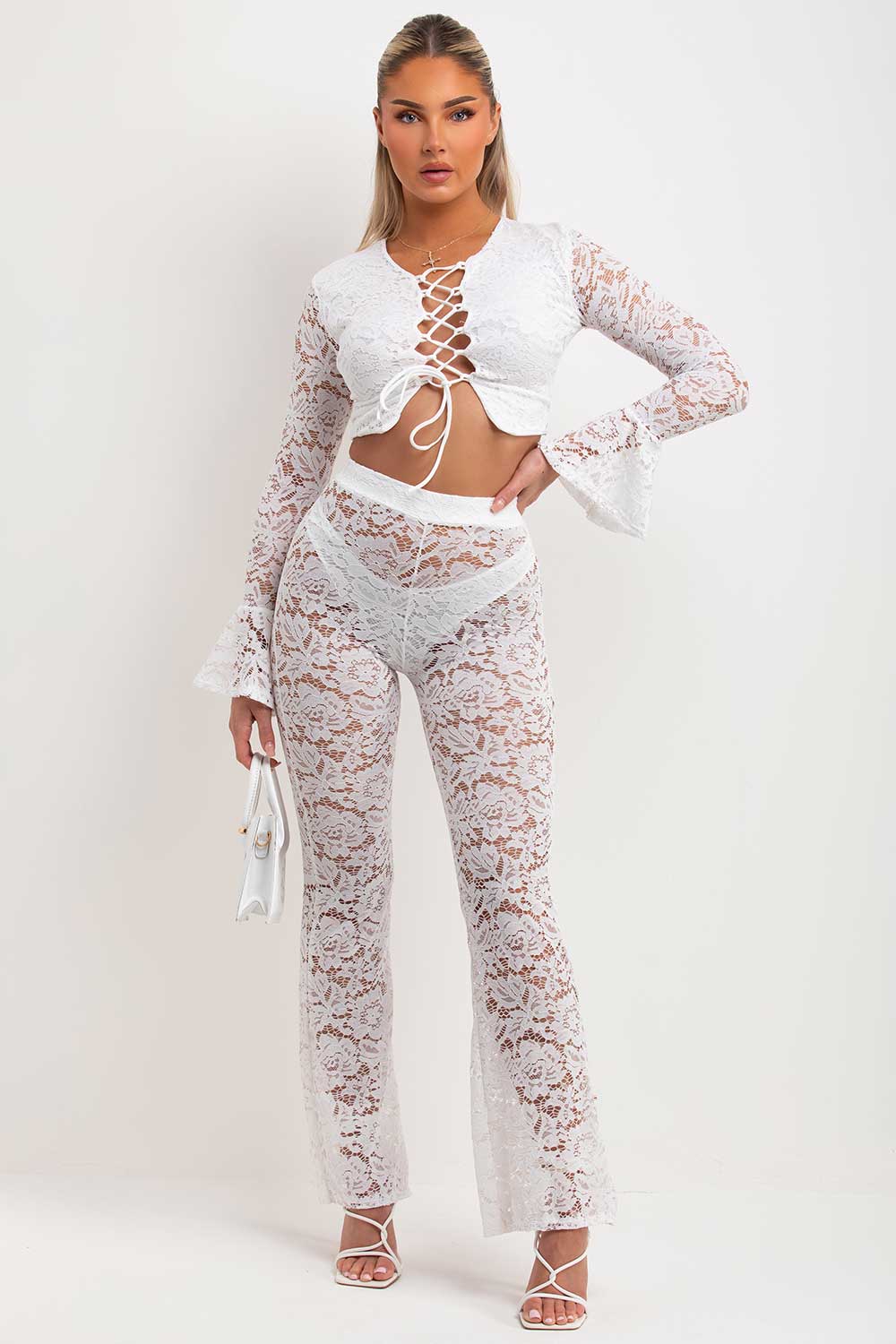 lace trousers and flare sleeve top two piece co ord set going out summer festival rave outfit white