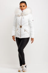 womens puffer padded coat with fur hood and belt outerwear