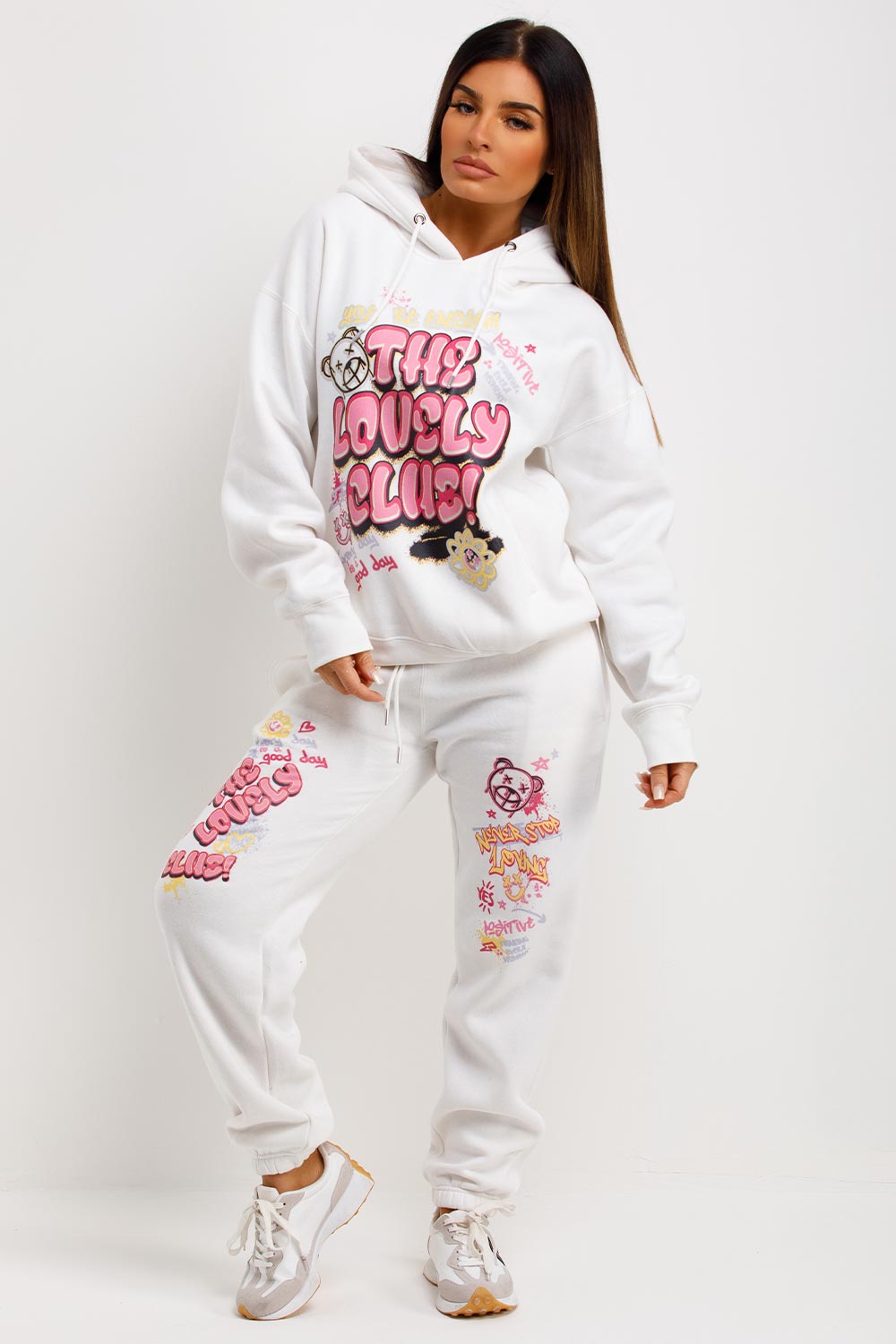 womens white tracksuit with lovely club graphics print