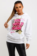 womens white hooded sweatshirt with the lovely club graphics