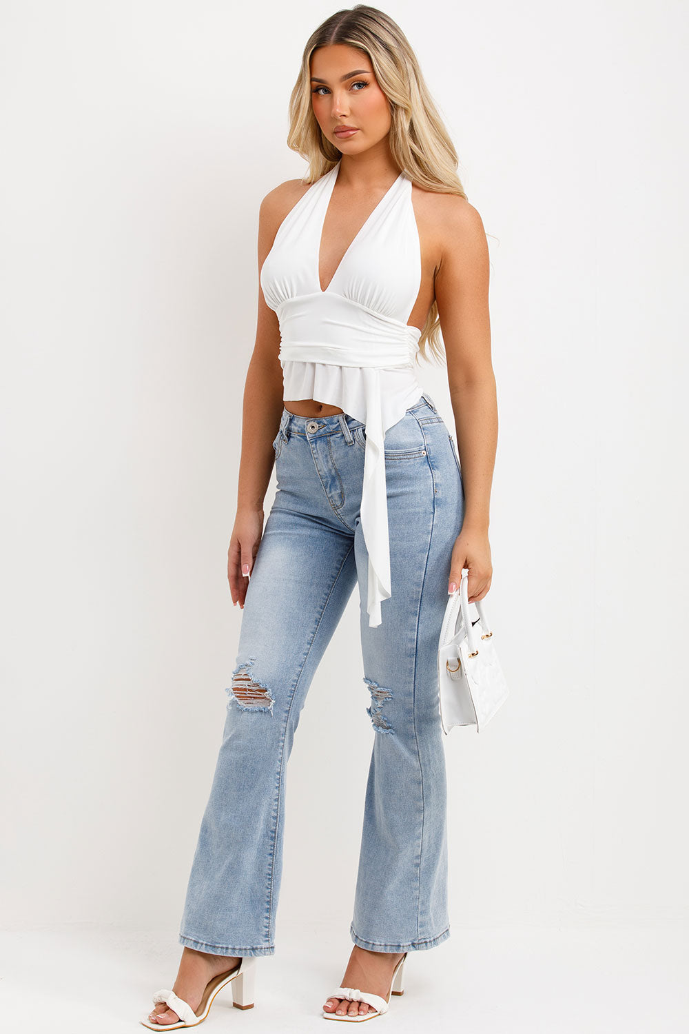 white halter neck crop top backless