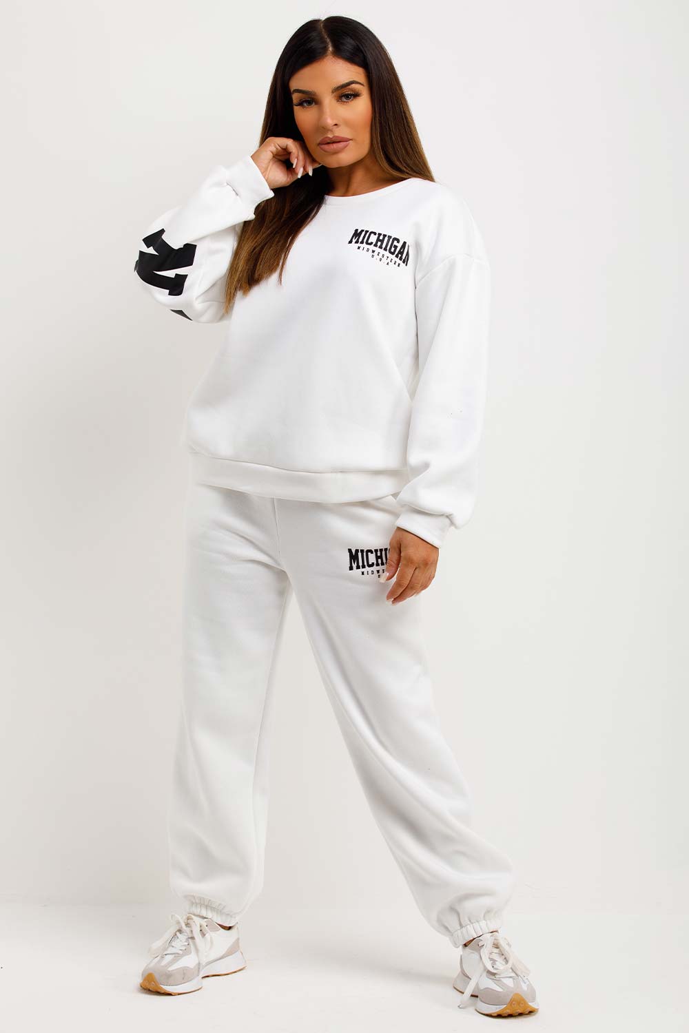 womens white sweatshirt and joggers co ord set with michigan slogan