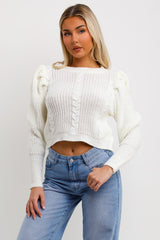 womens cable knit jumper with puff shoulder