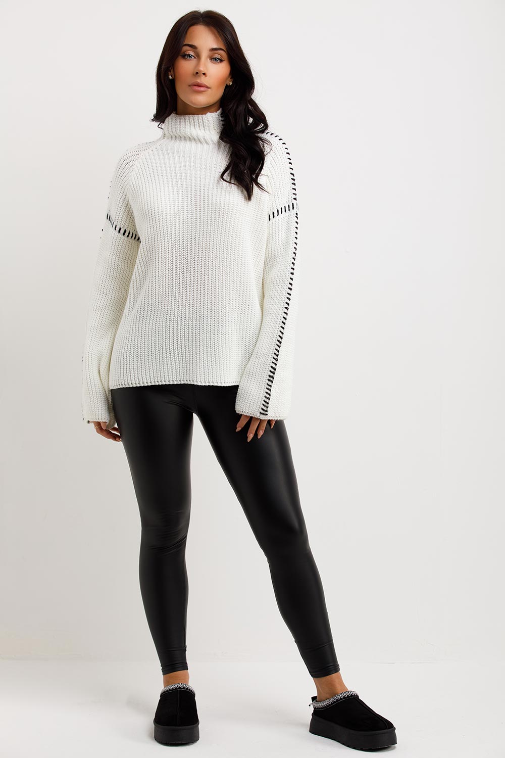 womens high neck oversized knitted jumper with contrast stitches