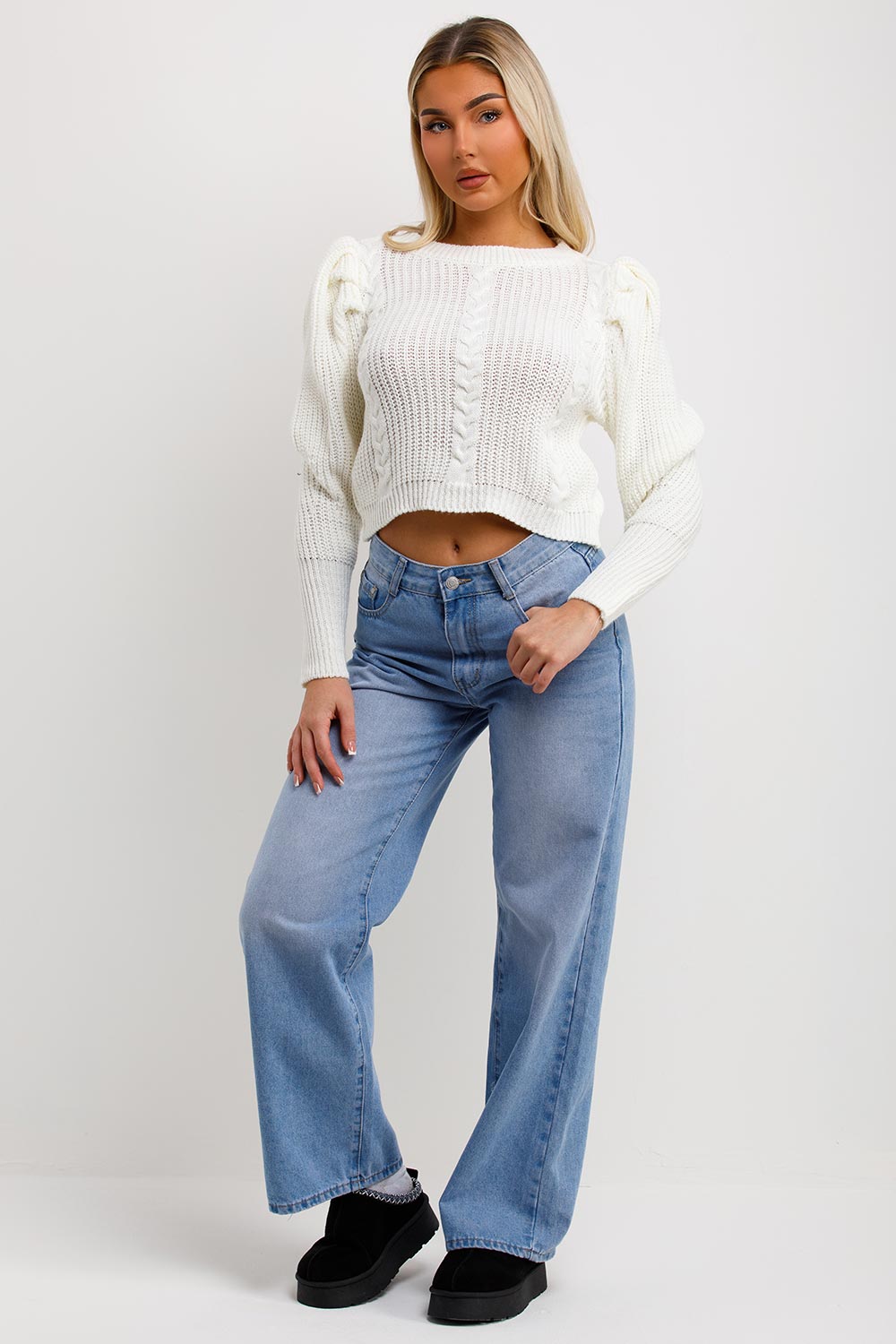 womens knitted jumper top with puff sleeves cream
