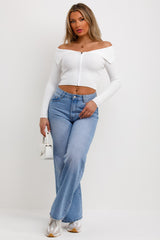 long sleeve zip front off shoulder jumper cream