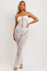 skinny flared leg white lace jumpsuit festival going out outfit