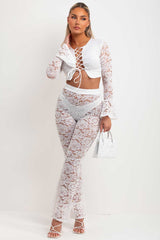 womens white lace trousers and lace up front going out summer festival crop top set festival clothes