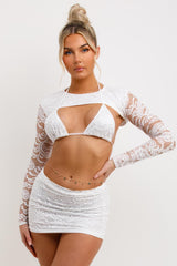 white lace party outfit mini skirt bikini and top 3 piece set