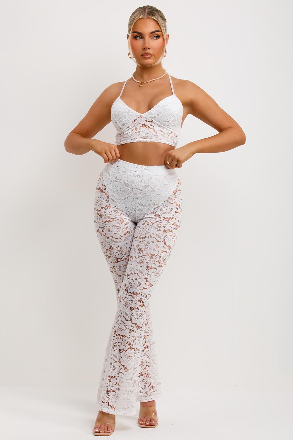 womens lace crop top and trousers set festival rave party outfit