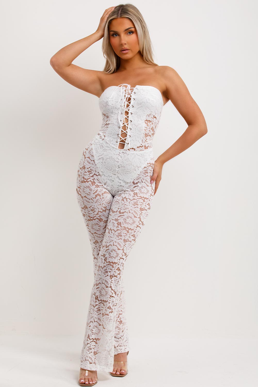 white lace jumpsuit with skinny flared legs