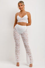 womens white sheer lace trousers and crop top two piece set festival rave party outfit