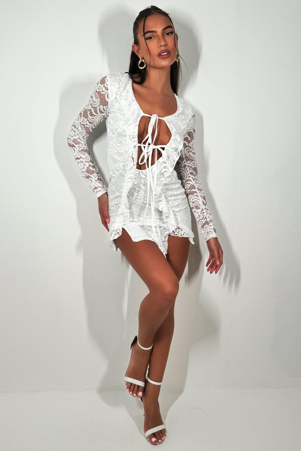 lace long sleeve white dress with frill front