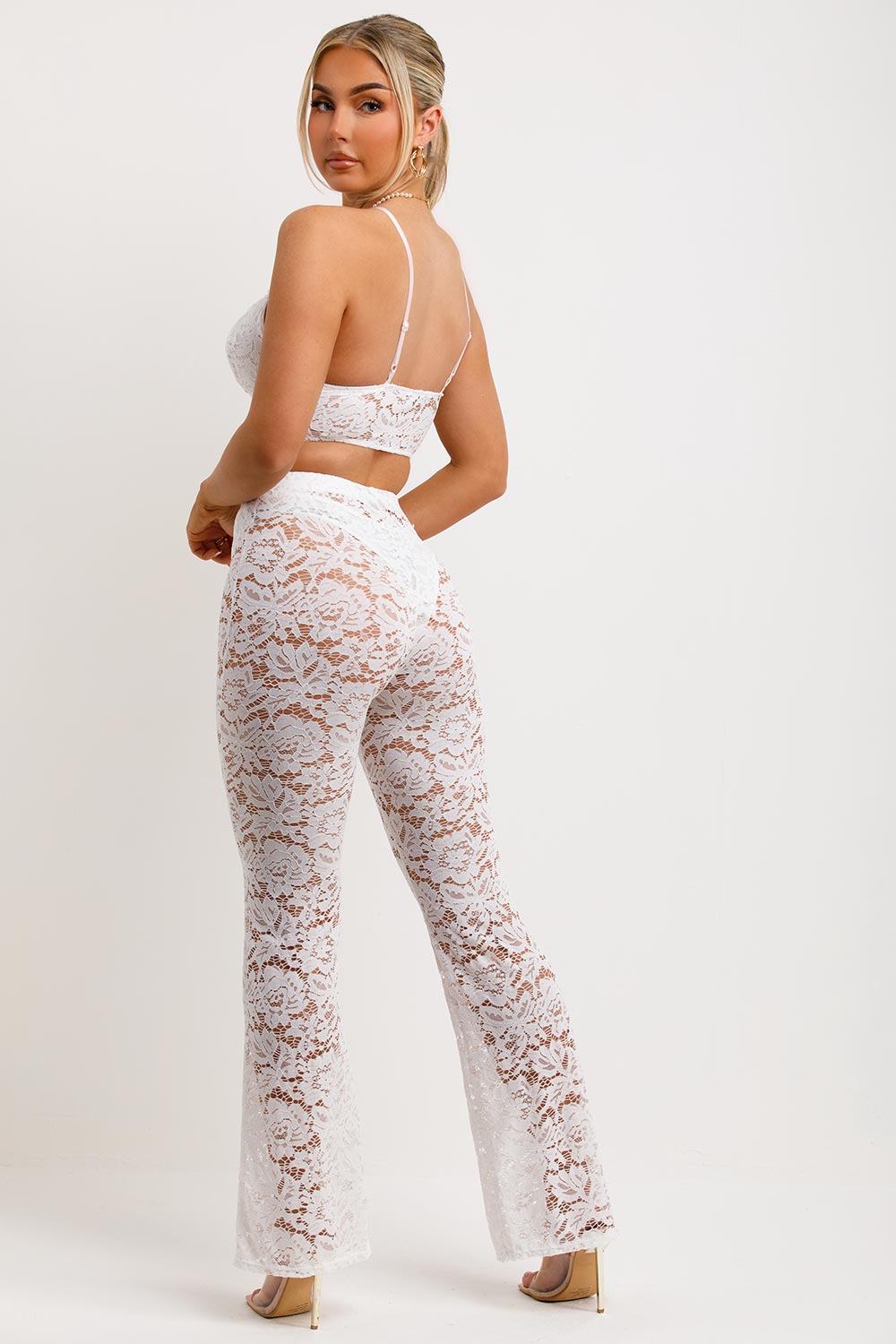 white sheer lace trousers and crop top set festival rave party outfit