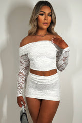 lace long sleeve off shoulder fold over detail top and lace skirt set summer holiday going out occasion outfit