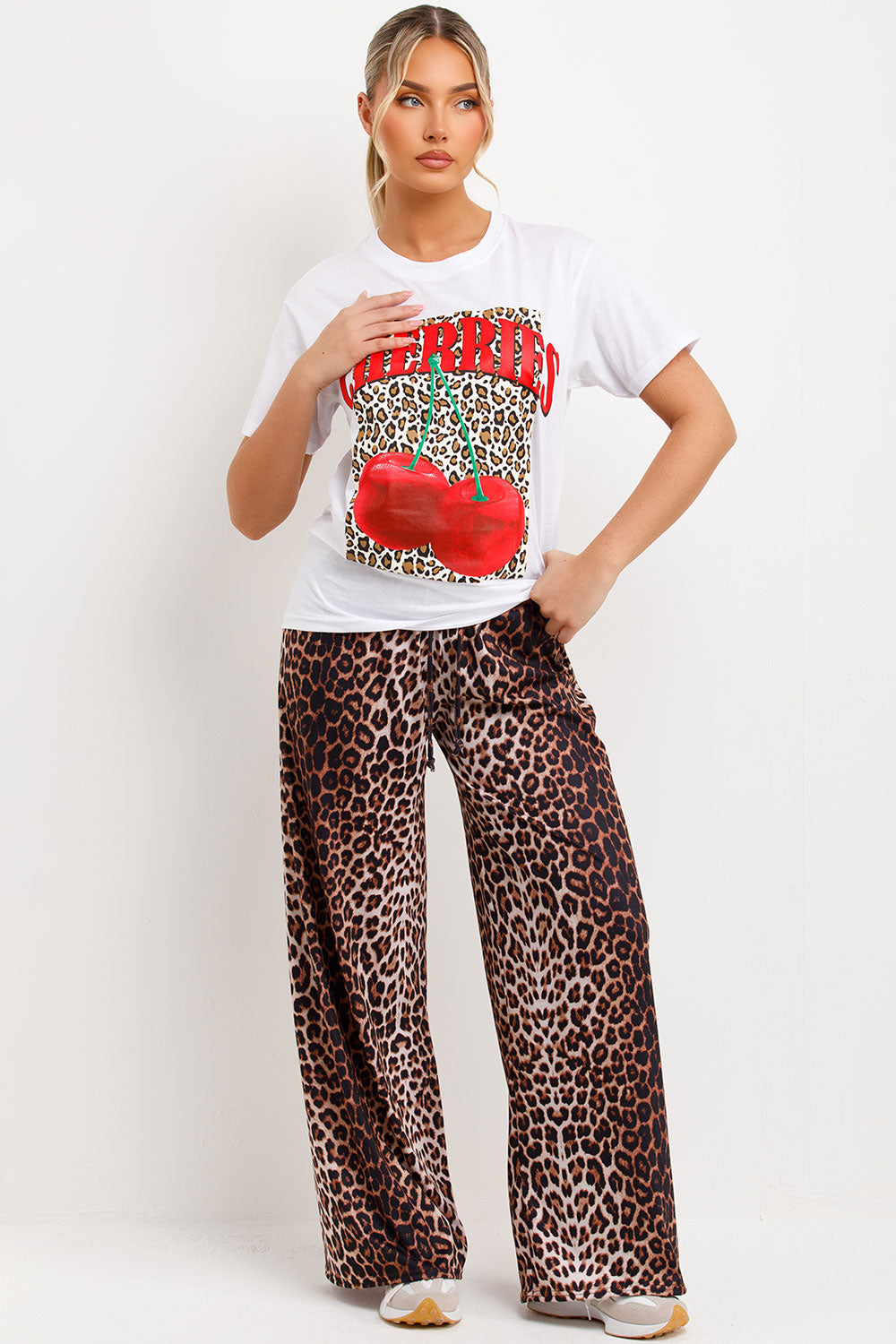 womens leopard print cherries oversized t shirt styledup