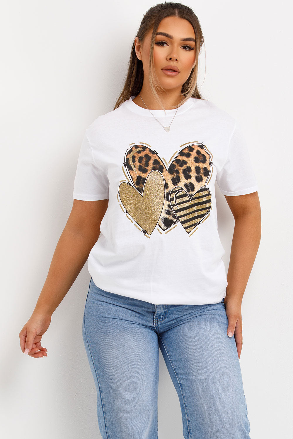 womens white t shirt with leopard print heart graphic oversized top for womens