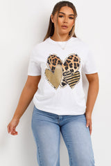 womens white t shirt with leopard print heart graphic oversized top for womens