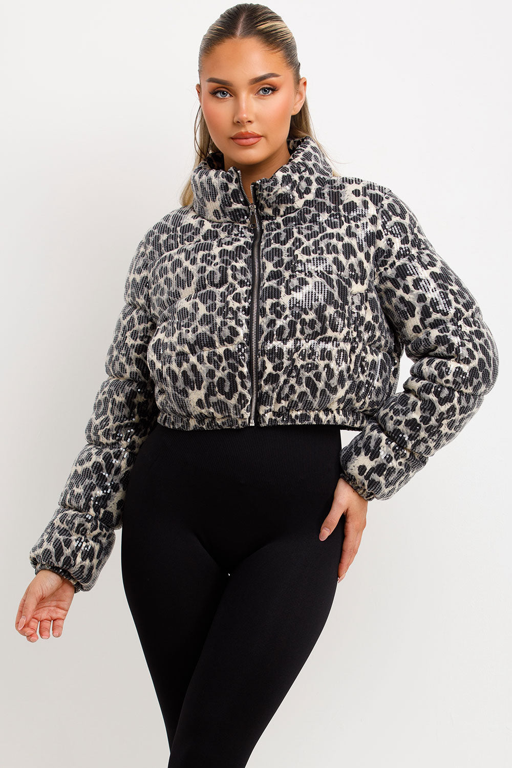 womens leopard print crop puffer winter jacket