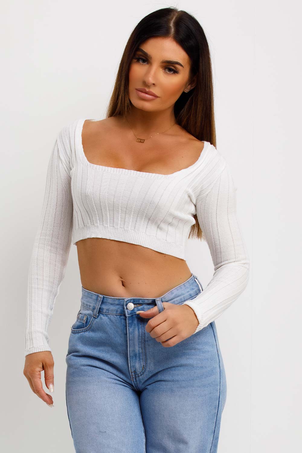 womens square neck long sleeves crop jumper