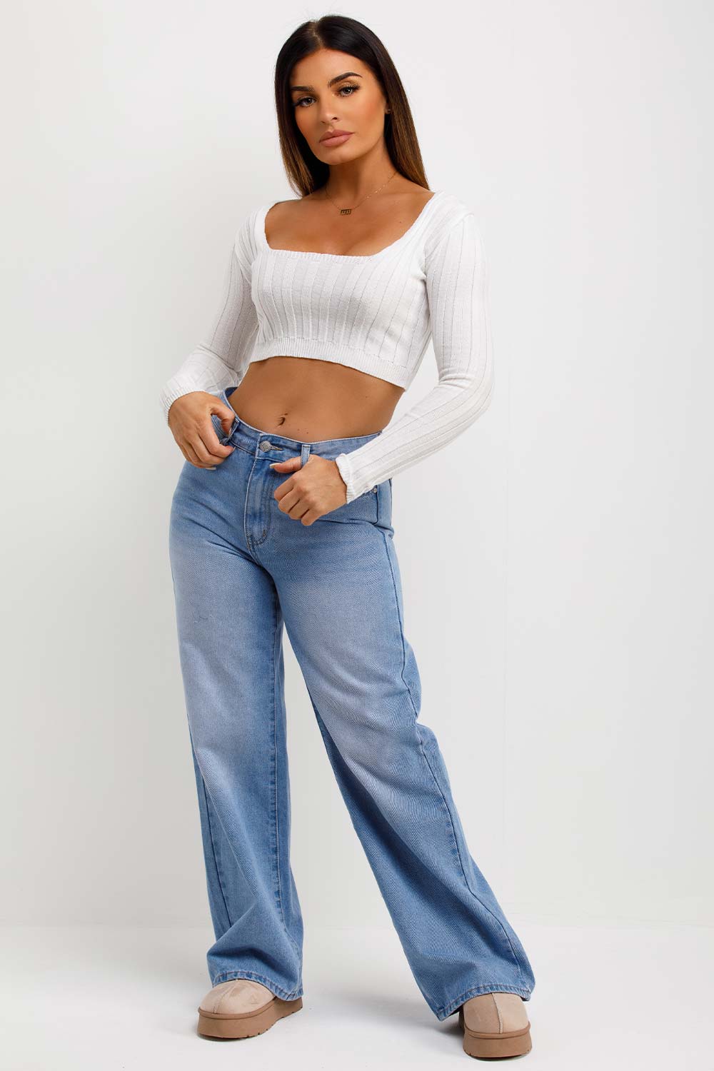 crop jumper white long sleeves square neck