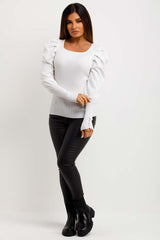 womens knitted ribbed jumper with puff sleeves