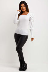 womens ribbed knit jumper with puff sleeves