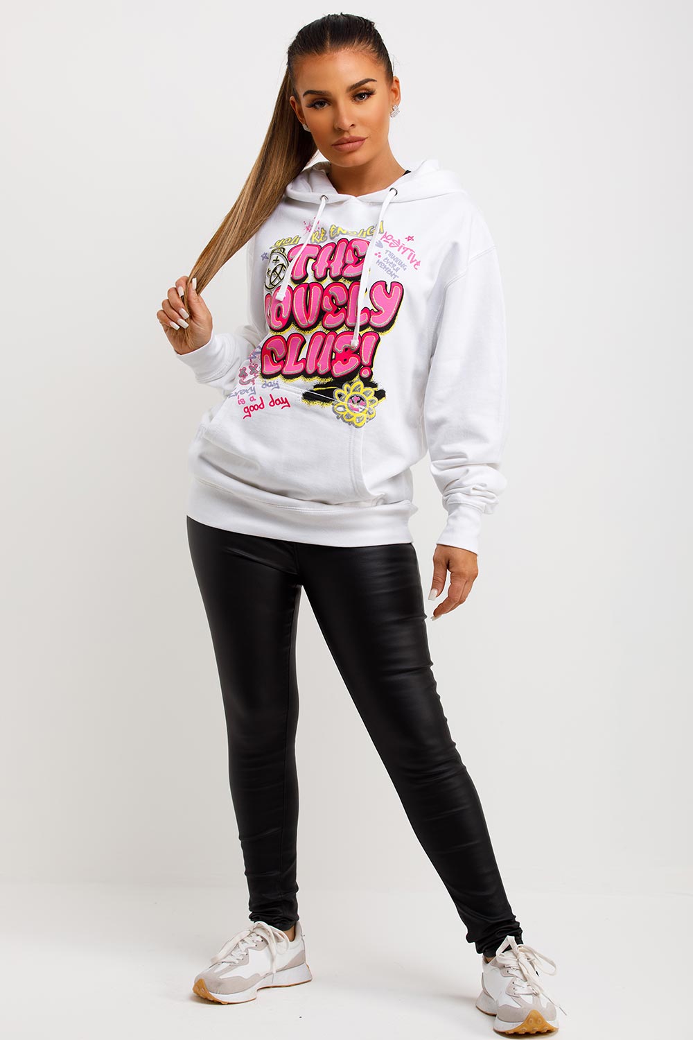 womens white hooded sweatshirt with the lovely club graphic print