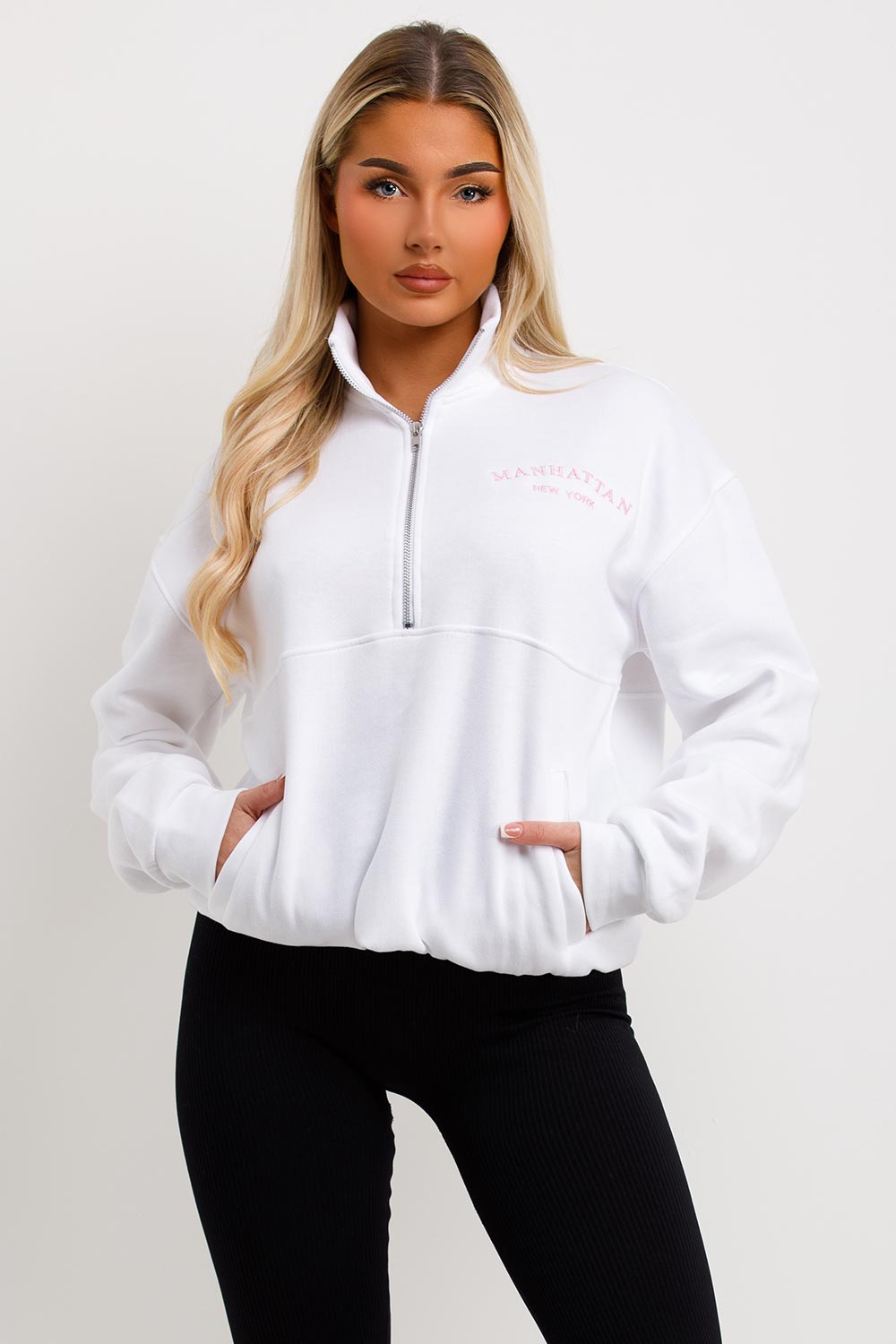 womens white sweatshirt with half zip manhattan new york embroidery