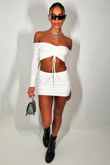 ruched front off shoulder long sleeve crop top and short skirt co ord set white festival clothes