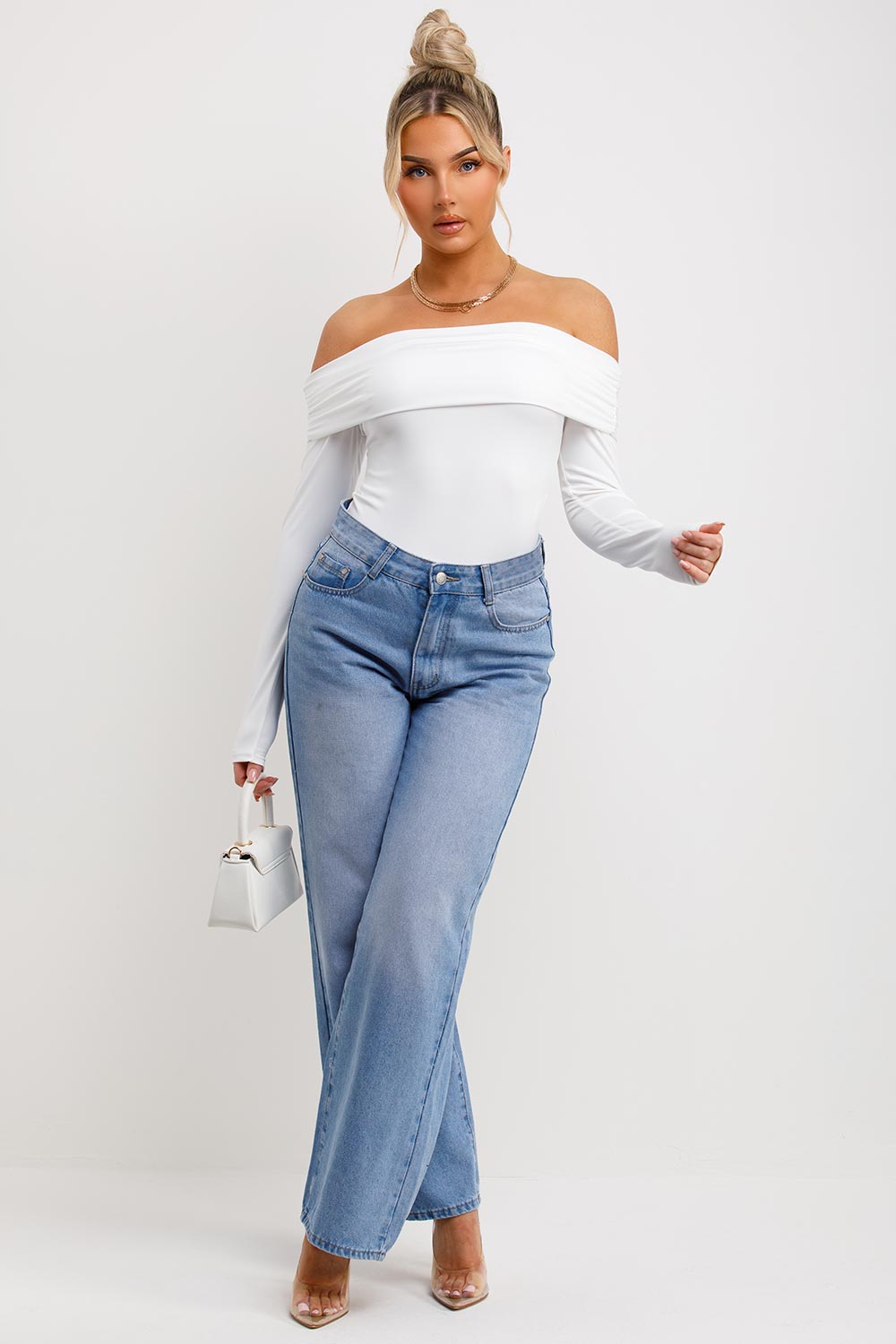 fold over off shoulder long sleeve bodysuit top going out outfit
