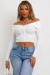 cream off shoulder jumper with zip front long sleeves