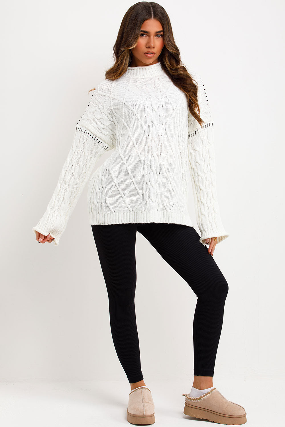 long sleeve knitted jumper with contrast stitches styled up 