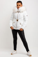 big faux fur hood puffer coat with belt womens outerwear