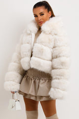 womens faux fur cropped coat with hood