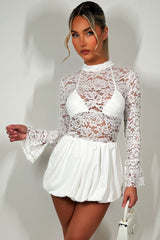 white lace puffball dress with long sleeves christmas party outfit going out weekend dress