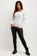womens rib jumper with puff sleeves