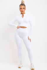 zip up long sleeve ribbed top and ruched bum leggings two piece set white