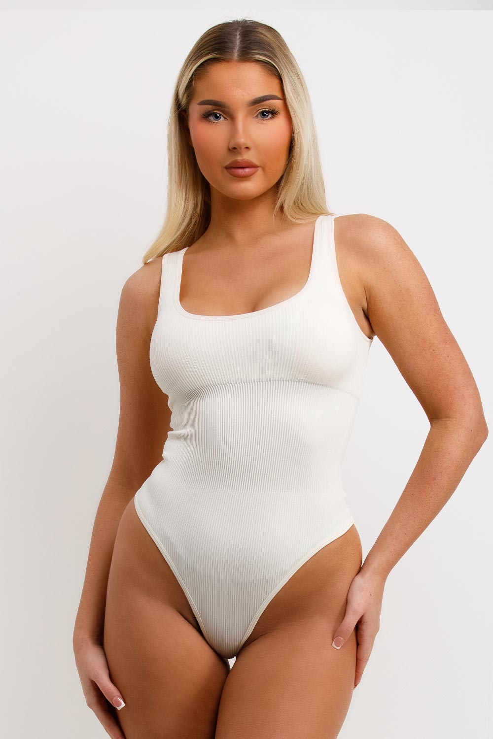 Contour Rib Square Neck Sleeveless Bodysuit Top White Skims Inspired –