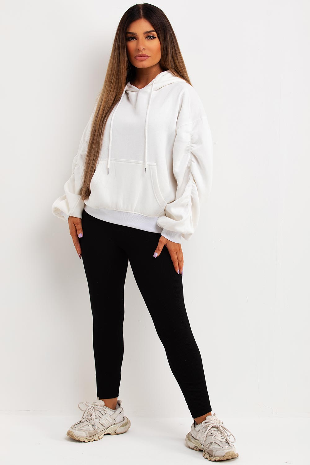 hoodie with ruched gathered sleeves womens