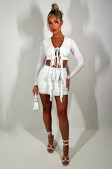 mini frill hem skirt and long sleeve crop top set festival outfit