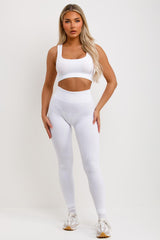 womens gym set white leggings and crop top co ord set
