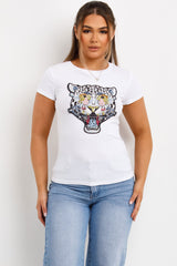 womens diamante tiger detail t shirt white