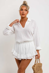 womens frilly shorts and long sleeve collared blouse two piece set 