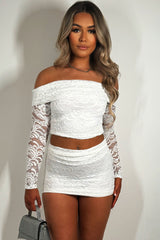 fold over detail lace mini skirt and off shoulder long sleeve crop top set going out summer occasion outfit