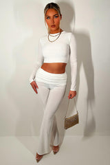 fold over waist flared trousers and long sleeve top co ord set two piece going out outfit day to night 